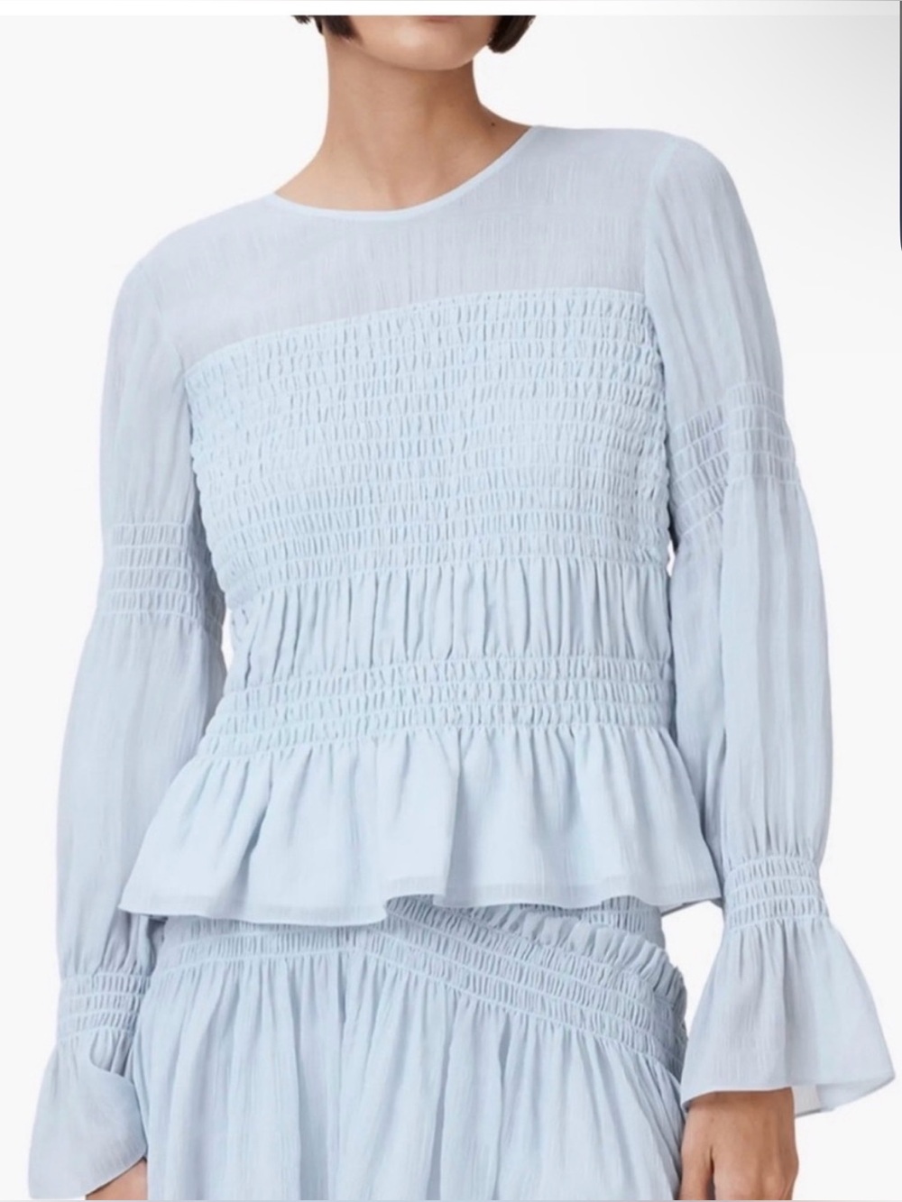 ALLSAINTS PAMELA Plein Air Light Blue Smocked Long-Sleeve Peplum Top NEW SMALL 2